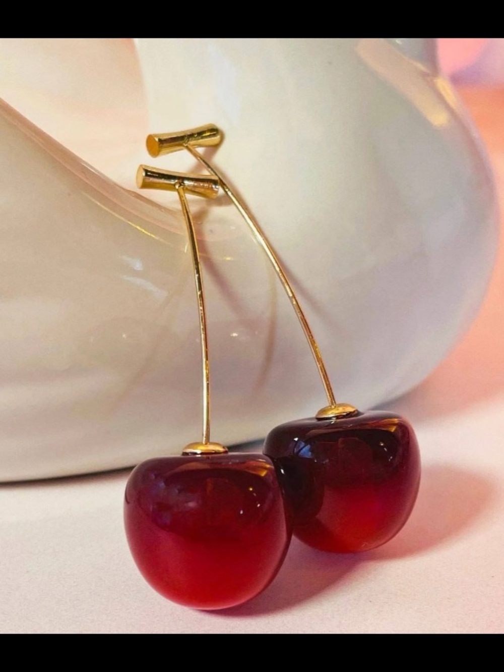 Red Cherry Dangle Earrings - Gold Hoop